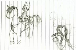 Size: 1776x1177 | Tagged: safe, artist:ponescribbles, derpibooru import, shining armor, spike, binoculars, generic pony, group, lined paper, monochrome, riding, saddle, sketch, traditional art