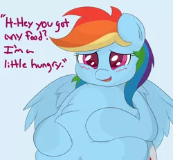 Size: 2500x2300 | Tagged: artist:graphenescloset, belly, belly button, blushing, chubby, derpibooru import, embarrassed, fat, hungry, open mouth, rainblob dash, rainbow dash, safe, smiling, solo, tubby wubby pony waifu