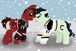 Size: 783x522 | Tagged: artist:mylittleblackhawk, chicago blackhawks, derpibooru import, hockey, jonathan toews, nhl, pittsburgh penguins, ponified, safe, sidney crosby, snow, snowfall, stadium series