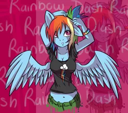 Size: 814x724 | Tagged: alternate hairstyle, anthro, artist:a-purple-pony, belly button, bra strap, cleavage, clothes, derpibooru import, female, midriff, rainbow dash, safe, scrunchie, shirt, solo