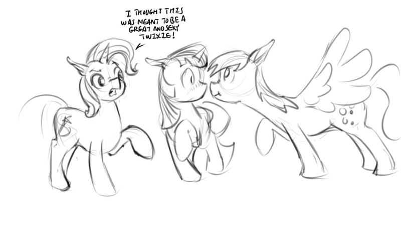 Size: 1024x640 | Tagged: safe, artist:archonix, derpibooru import, derpy hooves, trixie, twilight sparkle, pegasus, pony, female, lesbian, mare, monochrome, shipping, sketch, twerpy, twixie