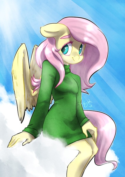 Size: 1280x1810 | Tagged: anthro, artist:lizzyoli-ravioli, clothes, cloud, derpibooru import, fluttershy, safe, smiling, solo, sweater, sweatershy