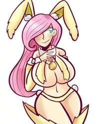 Size: 810x1000 | Tagged: artist:php52, breast curtains, breasts, bunny ears, busty fluttershy, derpibooru import, female, fluttershy, human, humanized, solo, solo female, strategically covered, suggestive, teasing