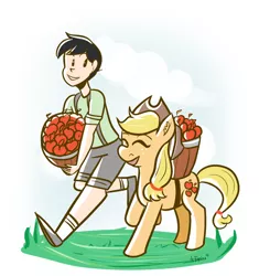 Size: 938x1000 | Tagged: anon with a face, applejack, artist needed, artist:php52, basket, child, derpibooru import, human, kid anon, oc, oc:anon, safe