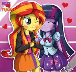 Size: 629x598 | Tagged: safe, artist:the-butch-x, derpibooru import, sunset shimmer, twilight sparkle, equestria girls, blushing, breasts, cute, eyes closed, female, friendship, heart, hug, lesbian, shipping, smiling, sunsetsparkle, wink