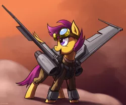 Size: 3176x2672 | Tagged: safe, artist:dimfann, derpibooru import, scootaloo, original species, plane pony, pony, armor, goggles, jet engine, looking back, open mouth, plane, smiling, solo, spread wings