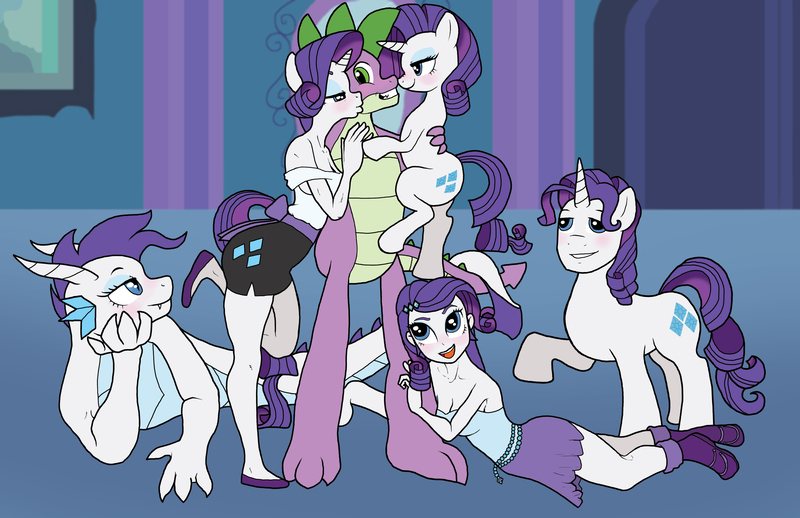 Size: 5100x3300 | Tagged: suggestive, artist:bico-kun, derpibooru import, rarity, spike, anthro, dragon, plantigrade anthro, pony, equestria girls, anthro with ponies, bedroom eyes, bisexual, blushing, breasts, clothes, commonity, dragonified, dress, elusive, eyes on the prize, gay, grin, half r63 shipping, harem, holding a pony, imminent sex, kissing, magic mirror, male, multeity, multiverse, nuzzling, open mouth, raised hoof, raridragon, rule 63, shipping, side, smiling, sparity, species swap, spelusive, spike gets all the mares, spike gets all the rarities, spike gets all the stallions, spikelove, square crossover, straight
