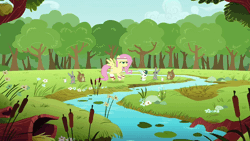 Size: 1000x562 | Tagged: safe, derpibooru import, screencap, angel bunny, fluttershy, pegasus, pony, rabbit, squirrel, hurricane fluttershy, animal, animated, blowing, coach, female, flying, forest, hat, high quality, mare, nature, prancing, river, spread wings, stream, sweatband, whistle