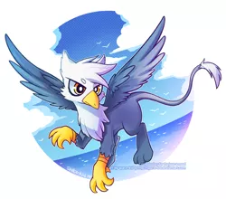 Size: 900x793 | Tagged: safe, artist:jopiter, derpibooru import, oc, unofficial characters only, bird, gryphon, seagull, cloud, flying, griffon oc, ocean, sky, solo, spread wings, wings