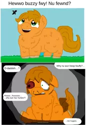 Size: 1035x1500 | Tagged: 2 panel comic, artist:servi, botfly, comic, crying, derpibooru import, fluffy pony, fluffy pony grimdark, grimdark, insect, nature, source needed