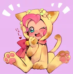 Size: 663x673 | Tagged: artist:hotomura, bell, cat costume, clothes, costume, cute, derpibooru import, diapinkes, japanese, kigurumi, one eye closed, open mouth, pinkie pie, purple background, safe, simple background, sitting, solo, wink