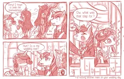 Size: 800x513 | Tagged: alternate universe, artist:vavacung, clothes, comic, comic:when villain win, derpibooru import, dress, hoof slap, monochrome, princess cadance, princess celestia, queen chrysalis, safe, shining armor, wedding, wedding dress