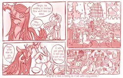 Size: 800x508 | Tagged: alternate universe, artist:vavacung, bipedal leaning, changeling, comic, comic:when villain win, dancing, derpibooru import, monochrome, parade, princess celestia, princess luna, queen chrysalis, safe, twilight sparkle, wedding