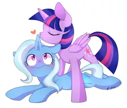 Size: 600x512 | Tagged: safe, artist:sion, derpibooru import, trixie, twilight sparkle, twilight sparkle (alicorn), alicorn, pony, blushing, female, frown, heart, kissing, lesbian, looking up, mare, prone, shipping, twixie, wide eyes