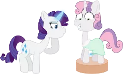 Size: 1151x698 | Tagged: safe, artist:derpiluv, derpibooru import, rarity, sweetie belle, dressmaking