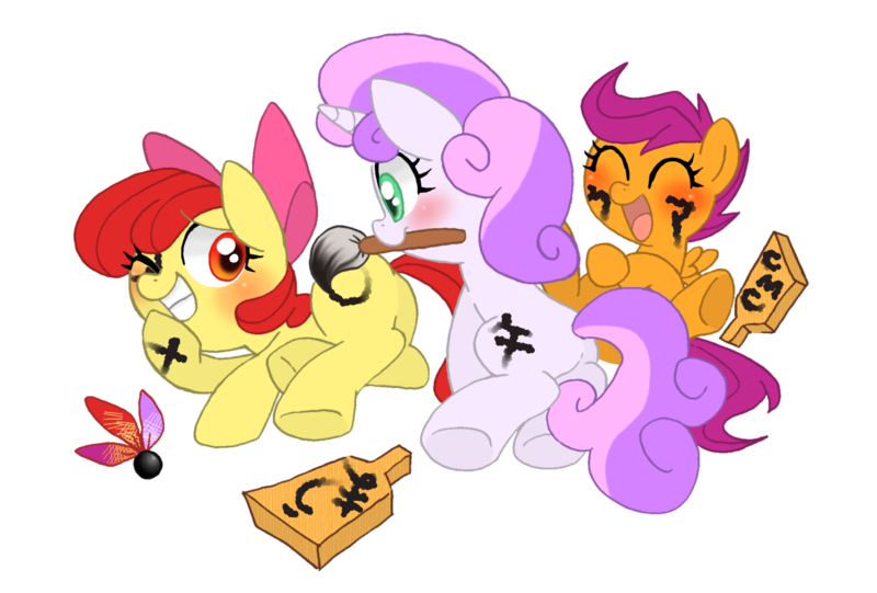 Size: 2038x1377 | Tagged: apple bloom, artist:ikumokanata, body writing, brush, cutie mark crusaders, hanetsuki, ink, paintbrush, pixiv, safe, scootaloo, sweetie belle, tickling