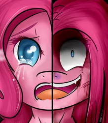 Size: 1400x1600 | Tagged: semi-grimdark, artist:amberony, derpibooru import, pinkie pie, crying, duality, mood swing, pinkamena diane pie, sad, scary, scratching, solo, split screen