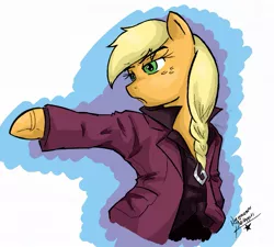 Size: 1083x973 | Tagged: safe, artist:nayaasebeleguii, derpibooru import, applejack, pony, ace attorney, bipedal, clothes, klavier gavin, parody, solo