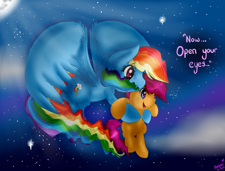 Size: 1024x780 | Tagged: safe, artist:amberony, derpibooru import, rainbow dash, scootaloo, scootalove