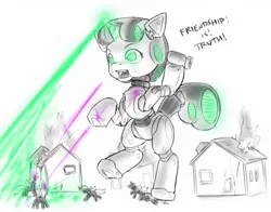 Size: 1133x890 | Tagged: safe, artist:alloyrabbit, derpibooru import, sweetie belle, changeling, pony, robot, unicorn, destruction, fallout, fallout 3, female, fight, filly, fire, foal, giant robot, hooves, horn, laser, liberty prime, nuclear football, nuclear weapon, open mouth, sweetie bot, text, x eyes