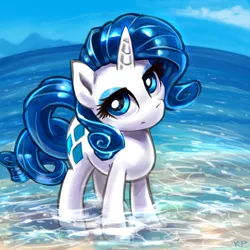 Size: 1600x1600 | Tagged: safe, artist:kp-shadowsquirrel, derpibooru import, rarity, beach, eyelashes, looking at you, solo, unamused, water