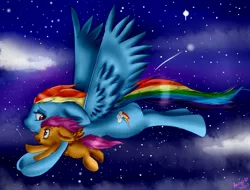 Size: 1024x780 | Tagged: safe, artist:amberony, derpibooru import, rainbow dash, scootaloo, flying, night, scootalove, stars