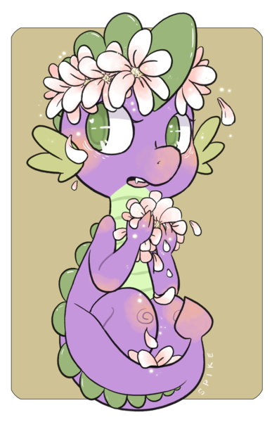 Size: 2128x3220 | Tagged: safe, artist:swampyfish, derpibooru import, spike, dragon, baby, baby dragon, blushing, colored pupils, cute, floral head wreath, flower, girly, green eyes, heart eyes, male, petals, simple background, solo, spikabetes, wingding eyes