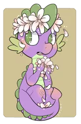 Size: 2128x3220 | Tagged: safe, artist:swampyfish, derpibooru import, spike, dragon, baby, baby dragon, blushing, colored pupils, cute, floral head wreath, flower, girly, green eyes, heart eyes, male, petals, simple background, solo, spikabetes, wingding eyes