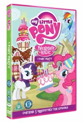 Size: 1007x1500 | Tagged: a pony party, birthday cake, birthday candles, british board of film classification rating, cake, clear vision, derpibooru import, dvd, fim logo, hasbro studios, hat, irish film classification office rating, my little pony logo, party hat, pinkie pie, rainbow dash, rarity, region 2 dvds, safe, season 1, sugarcube corner