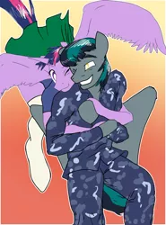 Size: 769x1039 | Tagged: safe, artist:threewontoo, derpibooru import, twilight sparkle, twilight sparkle (alicorn), oc, oc:blackgryph0n, anthro, blackgryph0n, canon x oc, clothes, female, hug, male, military uniform, shipping, stockings, straight