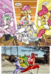 Size: 723x1053 | Tagged: safe, artist:tonyfleecs, derpibooru import, idw, apple bloom, scootaloo, sweetie belle, earth pony, human, pegasus, pony, unicorn, friends forever, spoiler:comic, spoiler:comicff2, bandai, comic, cutie mark crusaders, cutiezord, female, filly, foal, hmd, meme, official comic, power rangers, power rangers (series), ressha sentai toqger, saban, speech bubble, super sentai