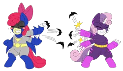 Size: 2100x1211 | Tagged: apple bloom, artist:blackbewhite2k7, barbara gordon, batarang, batfilly, batgirl, batman, catgirl, claws, crossover, dc comics, derpibooru import, fight, kitrina falcone, parody, safe, simple background, sweetie belle, transparent background, vector