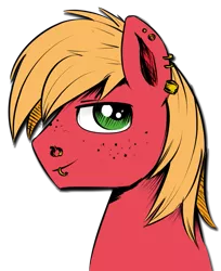 Size: 793x974 | Tagged: safe, artist:xioade, derpibooru import, edit, editor:vb, big macintosh, earth pony, pony, earring, freckles, lip ring, looking at you, male, nose ring, piercing, profile, smiling, solo, stallion