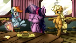 Size: 3839x2159 | Tagged: safe, artist:neko-me, derpibooru import, applejack, rainbow dash, twilight sparkle, twilight sparkle (alicorn), alicorn, pony, twilight time, bipedal, drink, eating, female, food, hay burger, magic, mare, observer, scene interpretation, table, that pony sure does love burgers, twilight burgkle