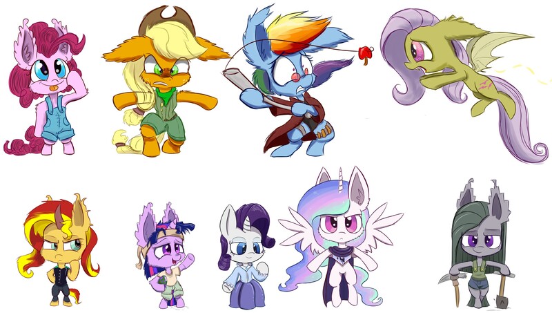 Size: 3000x1700 | Tagged: safe, artist:heir-of-rick, derpibooru import, applejack, fluttershy, marble pie, pinkie pie, princess celestia, rainbow dash, rarity, sunset shimmer, twilight sparkle, bat pony, pony, flutterbat, impossibly large ears, large ears