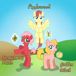 Size: 600x600 | Tagged: artist:runicrhyme, derpibooru import, oc, oc:applewood, oc:golden blush, oc:strawberry patch, offspring, parent:big macintosh, parent:fluttershy, parents:fluttermac, safe, siblings, unofficial characters only