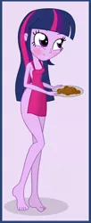 Size: 625x1536 | Tagged: suggestive, artist:ohohokapi, deleted from derpibooru, derpibooru import, twilight sparkle, equestria girls, apron, barefoot, blushing, breasts, clothes, cookie, feet, female, housewife, image, jpeg, naked apron, practitioner of naturism, solo, solo female, tray