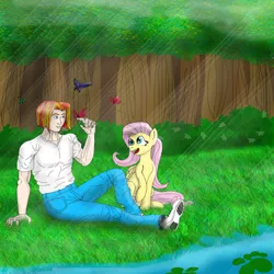 Size: 894x894 | Tagged: artist:cjvselinmortal, blue jeans, butterfly, crossover, derpibooru import, fluttershy, forest, human, oc, oc:galileo rossi, river, safe, tree, water, white shirt