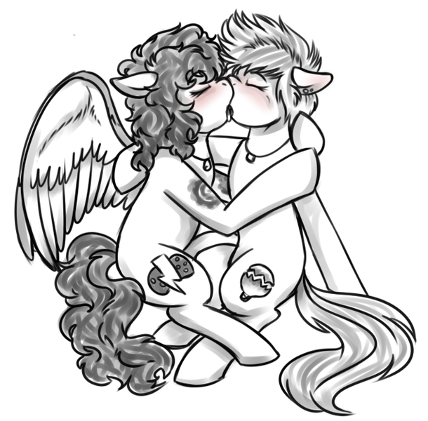 Size: 636x626 | Tagged: achievement hunter, artist:deyogee, derpibooru import, female, gavin free, grayscale, kissing, lesbian, michael jones, monochrome, oc, ponified, rooster teeth, rule 63, suggestive, tattoo, unofficial characters only, wings