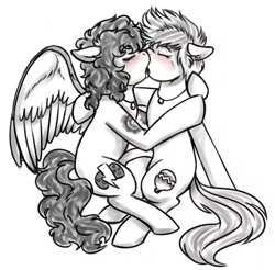 Size: 636x626 | Tagged: achievement hunter, artist:deyogee, derpibooru import, female, gavin free, grayscale, kissing, lesbian, michael jones, monochrome, oc, ponified, rooster teeth, rule 63, suggestive, tattoo, unofficial characters only, wings