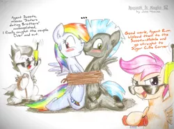 Size: 2459x1831 | Tagged: safe, artist:jcosneverexisted, derpibooru import, rainbow dash, rumble, scootaloo, thunderlane, pegasus, pony, blushing, boop, bound together, colt, dialogue, female, filly, forced, forced shipping, incorrect leg anatomy, kneeling, looking at you, looking away, male, mare, nervous, noseboop, open mouth, rope, rumbloo, scooter, shipper on deck, shipping, smiling, stallion, straight, sunglasses, sweat, thunderdash, tied up