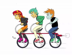 Size: 1017x786 | Tagged: safe, artist:mayorlight, derpibooru import, snails, snips, sunset shimmer, equestria girls, doronbo gang, fuck the police, parody, pony coloring, tandem, triple bicycle, yatterman