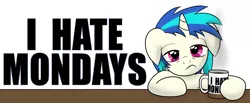 Size: 5100x2100 | Tagged: safe, artist:drawponies, derpibooru import, vinyl scratch, pony, unicorn, cup, cute, monday, mug, mug design, sleepy, solo