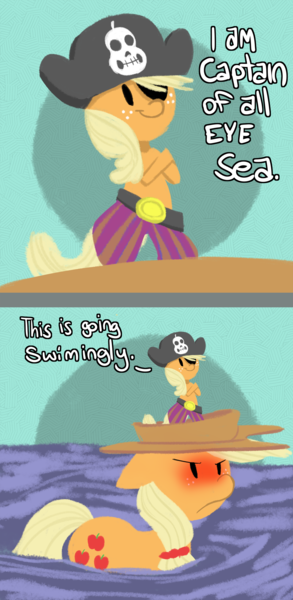 Size: 1400x2870 | Tagged: applejack, appletini, artist:fauxsquared, bicorne, blushing, hat, pearjack, pirate, pun, safe, self ponidox, tiny ponies, unamused, water