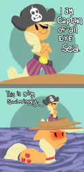 Size: 1400x2870 | Tagged: applejack, appletini, artist:fauxsquared, bicorne, blushing, hat, pearjack, pirate, pun, safe, self ponidox, tiny ponies, unamused, water