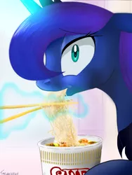 Size: 1008x1344 | Tagged: safe, artist:sakuracheetah, derpibooru import, princess luna, alicorn, pony, bust, chopsticks, cup noodles, eating, female, floppy ears, food, instant noodles, looking at you, magic, mare, noodles, ramen, solo, telekinesis