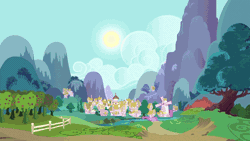 Size: 640x360 | Tagged: animated, building, day, derpibooru import, fence, filli vanilli, house, houses, loop, moon, mountain, night, pony removed, ponyville, safe, screencap, sky, stars, sun, sun vs moon, town hall, tree, windmill
