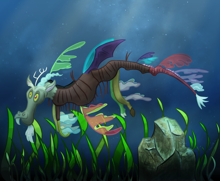 Size: 2000x1648 | Tagged: safe, artist:peabnuts123, derpibooru import, discord, solo, underwater