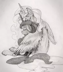 Size: 600x683 | Tagged: artist:thepingaslord, derpibooru import, monochrome, princess celestia, princess luna, safe, traditional art