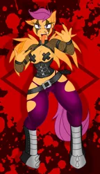 Size: 1074x1870 | Tagged: suggestive, artist:lil miss jay, derpibooru import, scootaloo, anthro, pegasus, unguligrade anthro, belly button, boots, breasts, busty scootaloo, clothes, corset, female, fishnets, metal, metal horns, metaloo, nipple tape, older, pasties, piercing, solo, solo female, stockings, tape, tongue out, tongue piercing, underass
